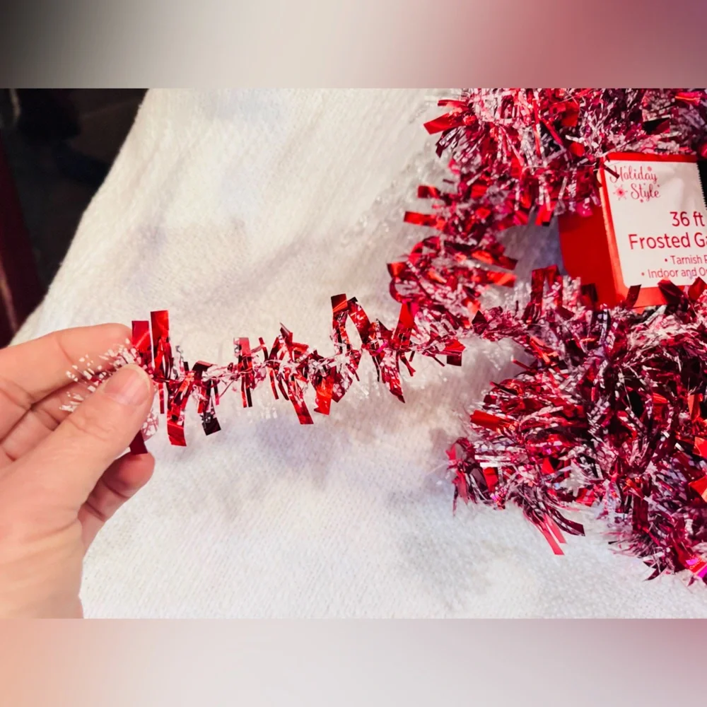 108’ Ft. Metallic Frosted Red & White Tinsel Garland - 3 Packs Indoor Outdoor
